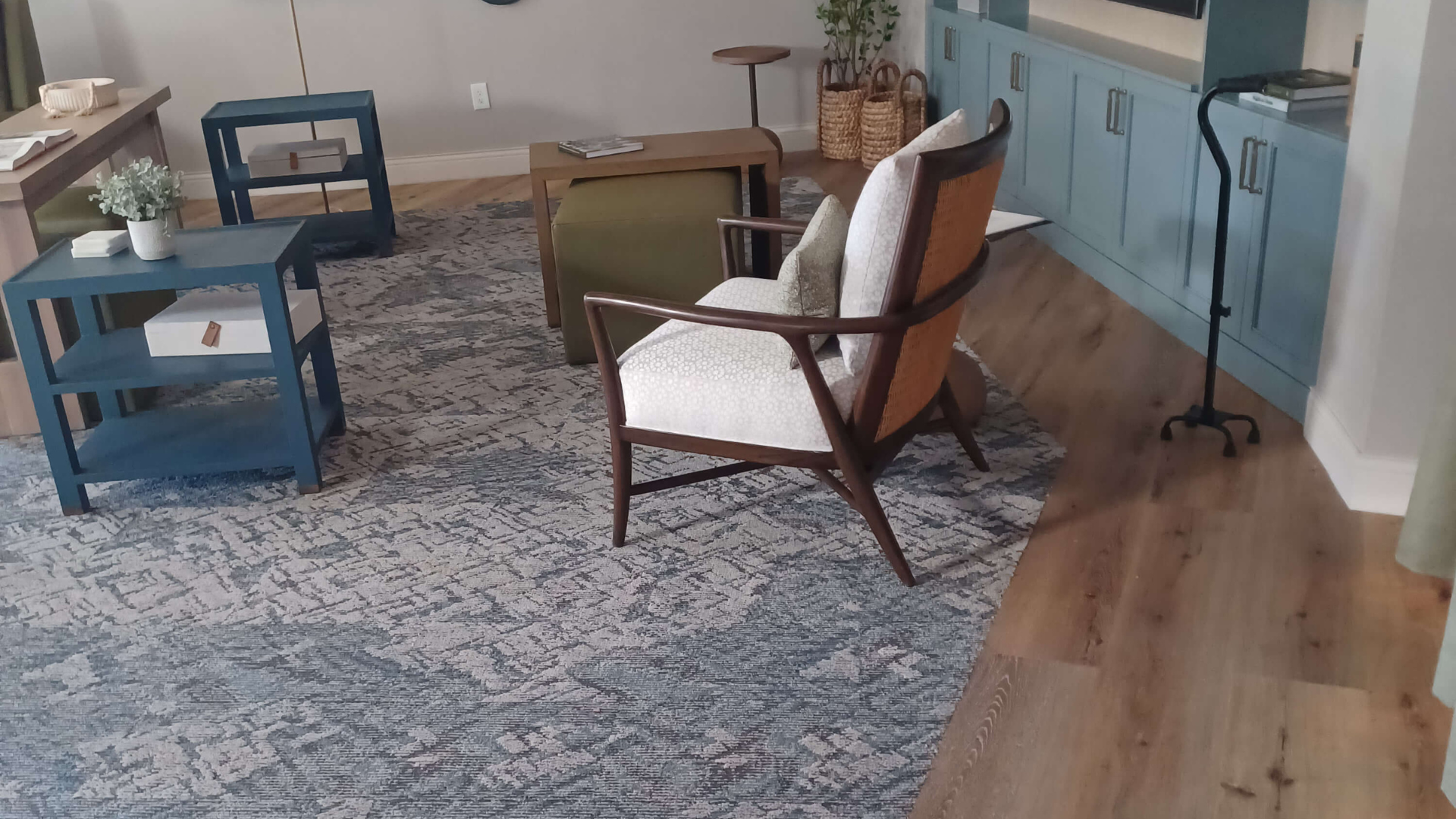 blue area rug in a seating area